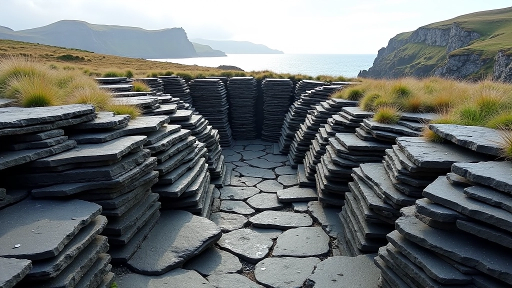 Historic slate quarry with geometric rock formations and layered stone walls in coastal landscape