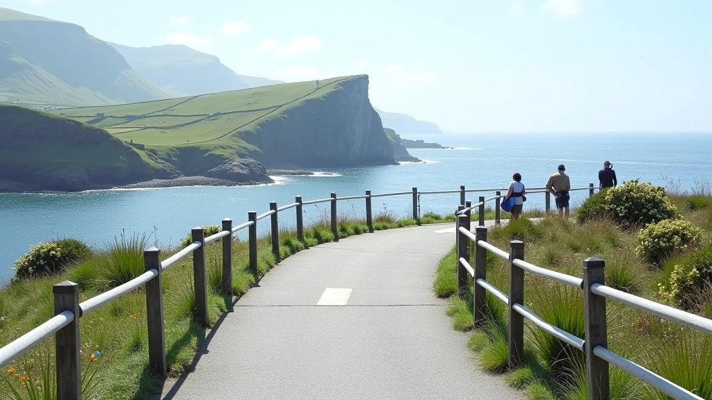 Coastal pathway with railings and sea views, showing accessible walking infrastructure