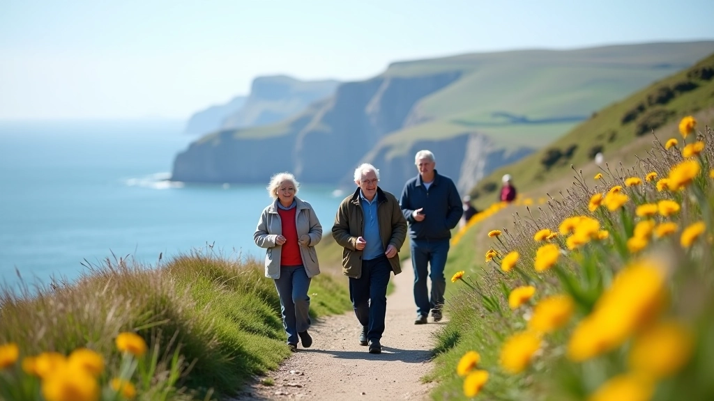 Older adults walking coastal path