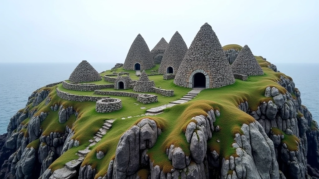 Detailed view of ancient stone beehive huts and monastery structures perched on rocky island peak with sea surrounding