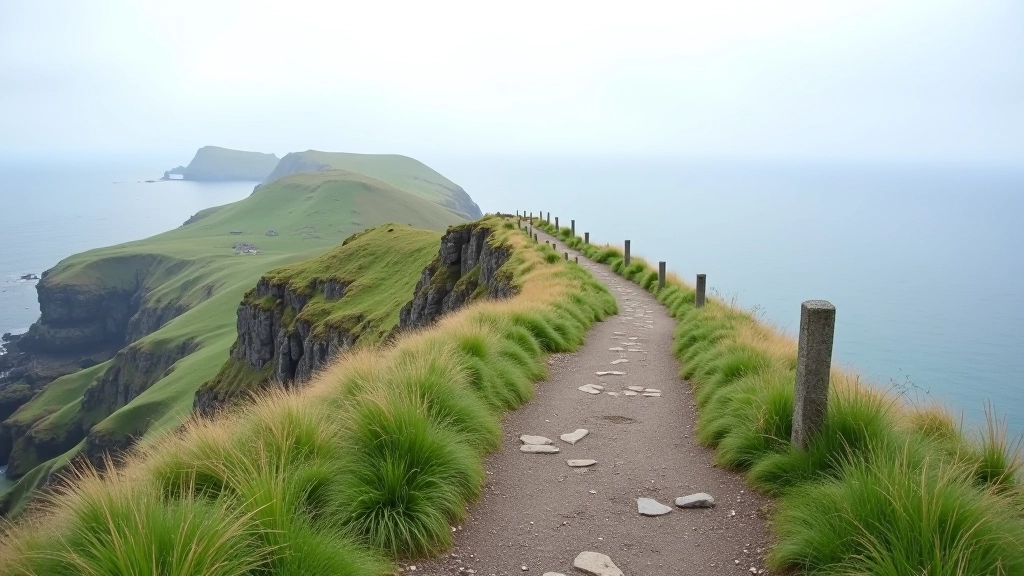 Elevated coastal path winding along cliffside with stone markers and views across open sea to distant island formations