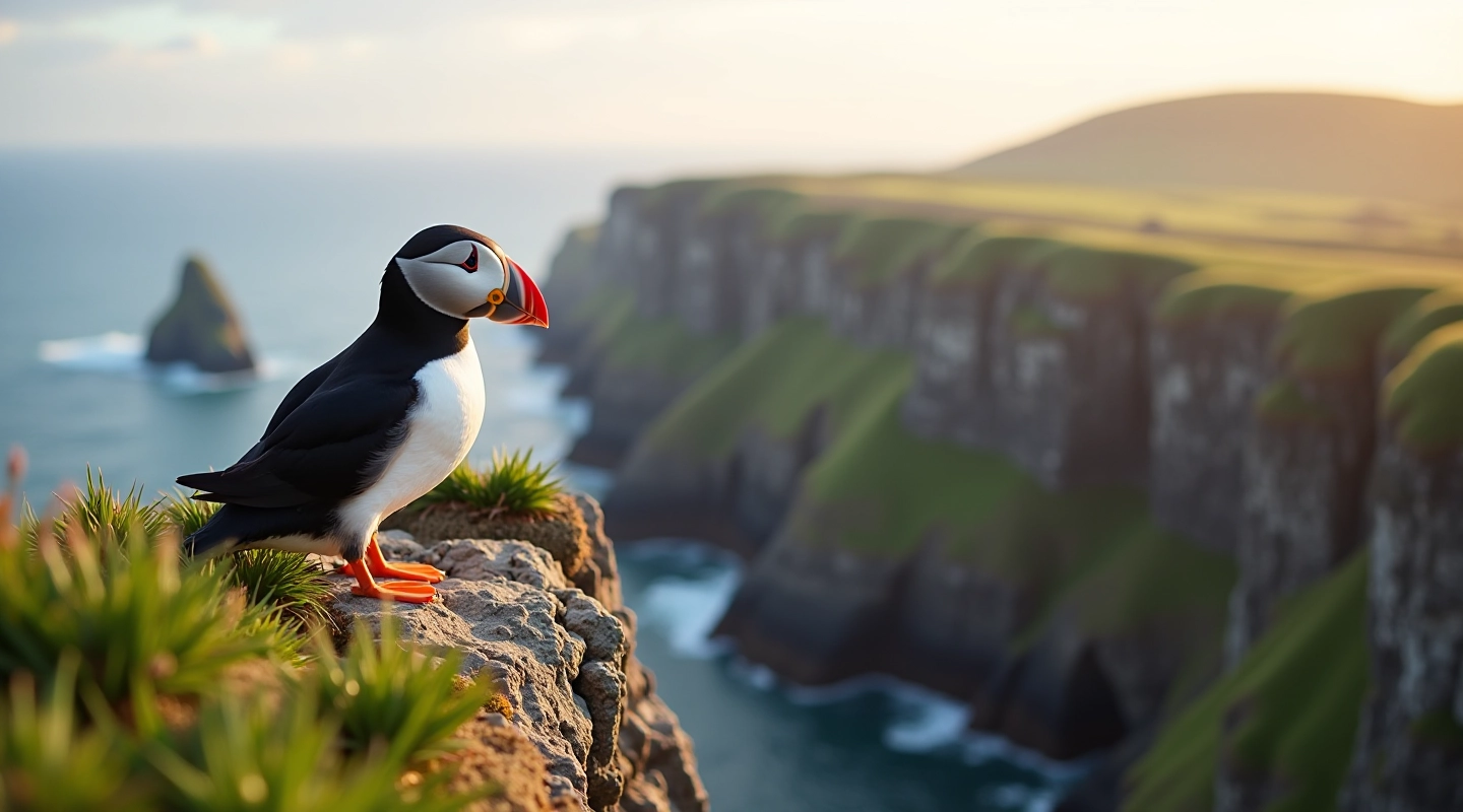 Dramatic sea cliffs with puffins nesting on rocky ledges overlooking the Atlantic Ocean