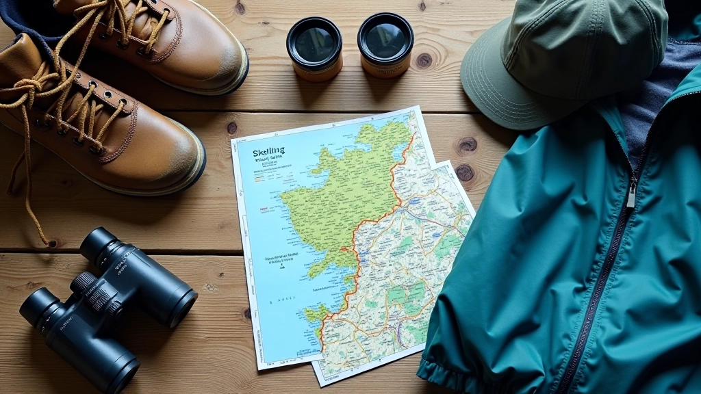 Hiking boots, binoculars, and a weather-resistant jacket laid out on a wooden table with a map of Kerry coastline
