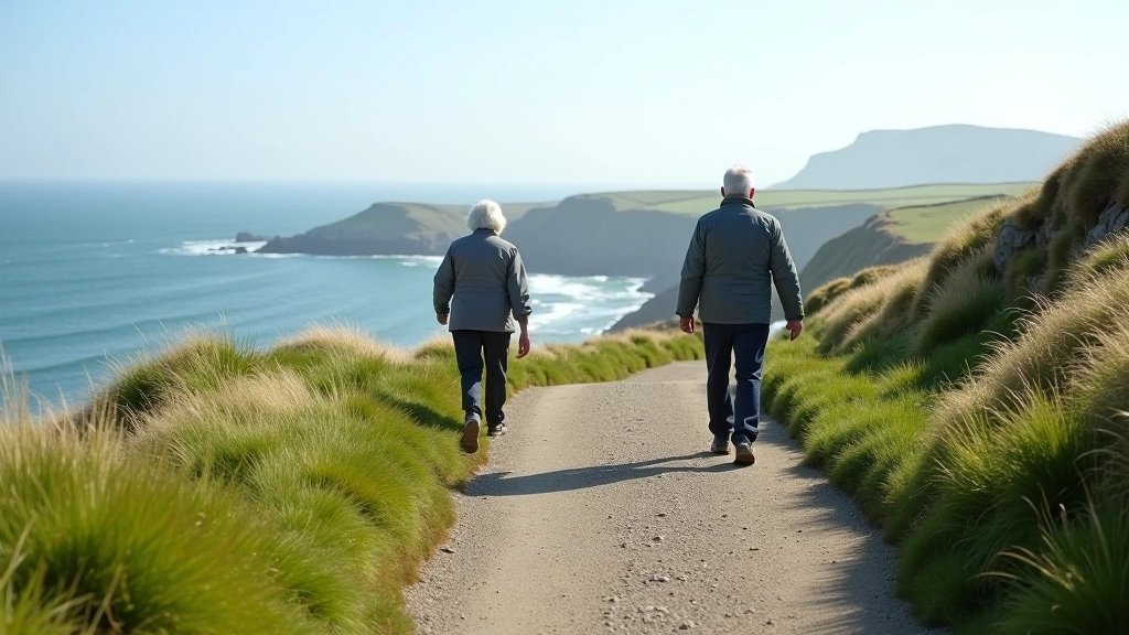 Scenic coastal path with gentle slope and distant ocean horizon, suitable for pensioner walkers