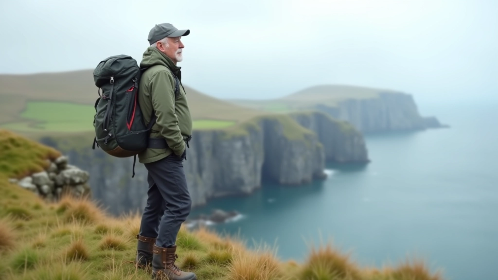 Hiker in proper gear standing on coastal headland with backpack and hiking boots, viewing distant seascape