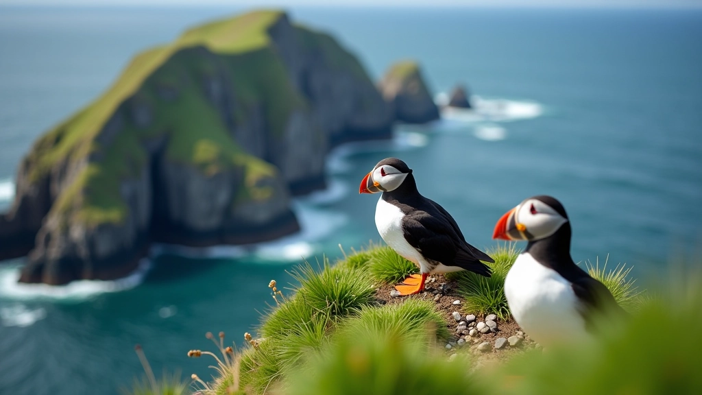 A small colony of puffins perched on rocky outcrops above crashing waves, with lush green cliffs in the background