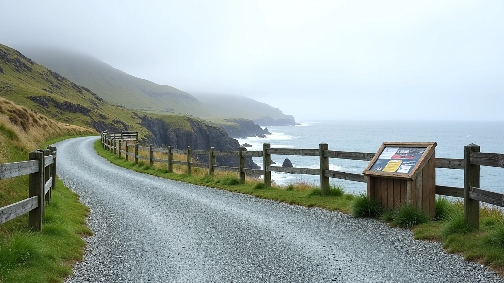 Gravel car park with information sign and wooden fence surrounding Valentia slate quarry site
