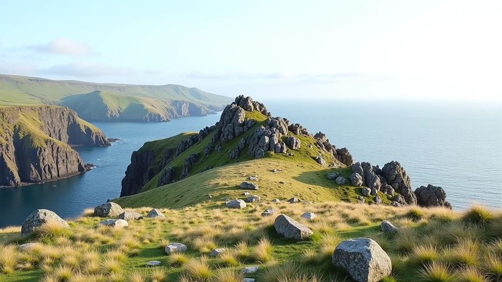 Rugged coastal terrain with exposed rock formations and moorland grasses leading to elevated viewpoint overlooking the sea