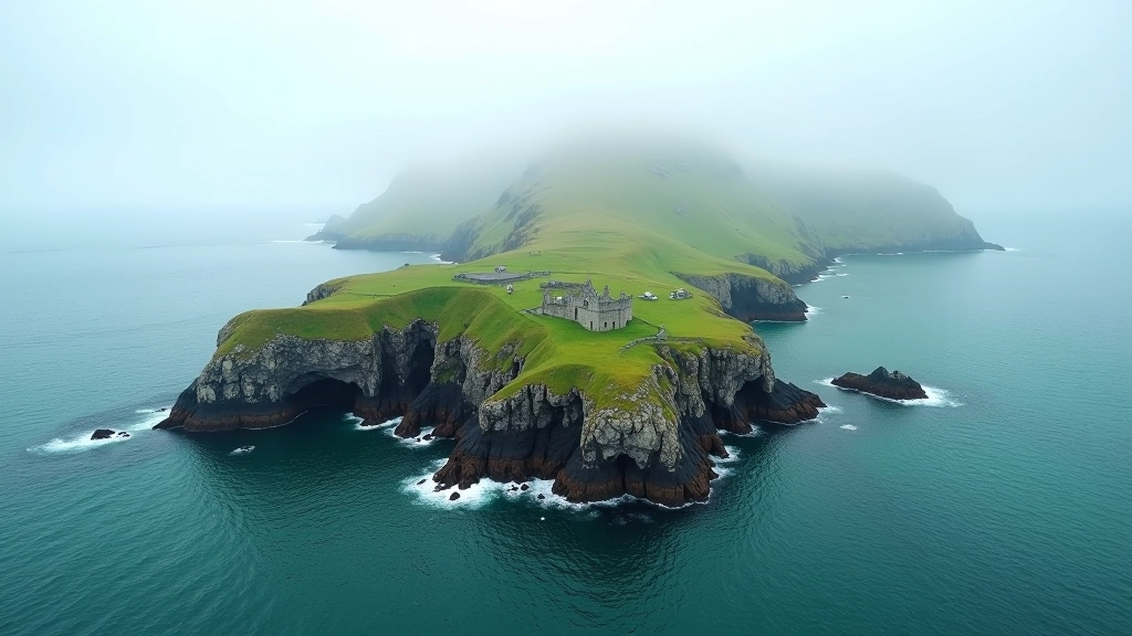 Skellig Michael island with historic monastery ruins visible on rocky peak rising from the sea