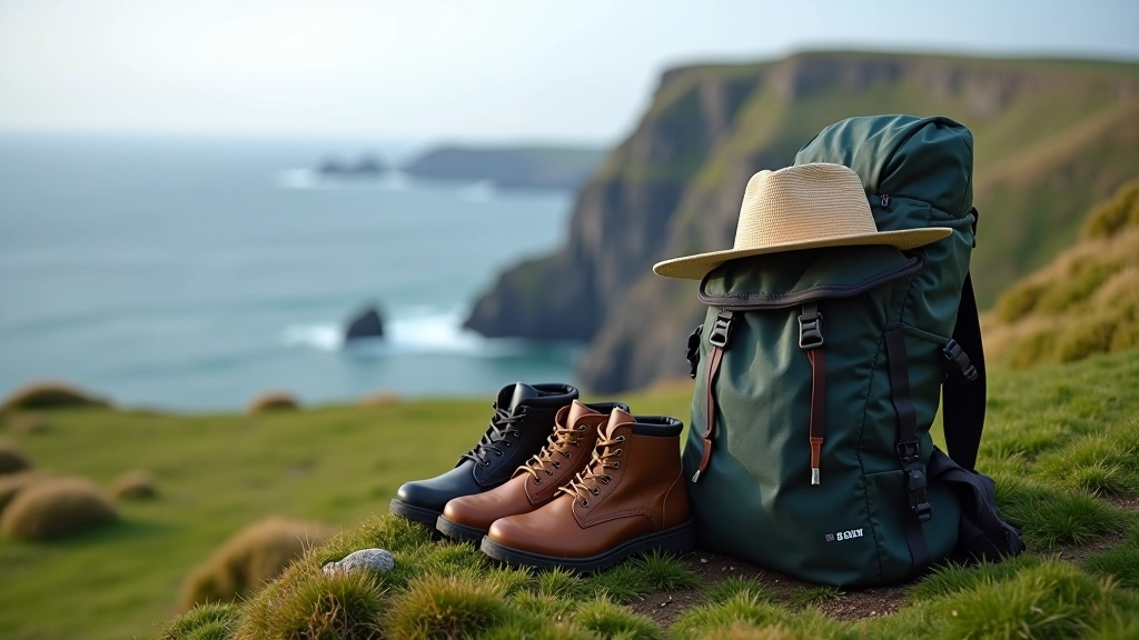 Practical backpack and walking gear laid out showing essentials for coastal walks