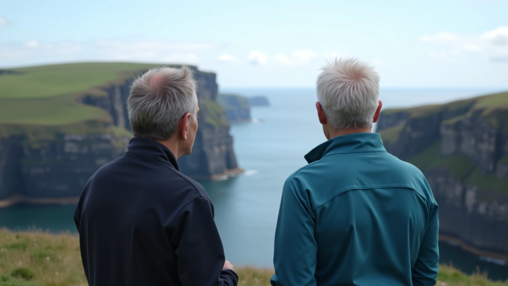 Couple of mature walkers pausing at scenic coastal viewpoint to enjoy the landscape