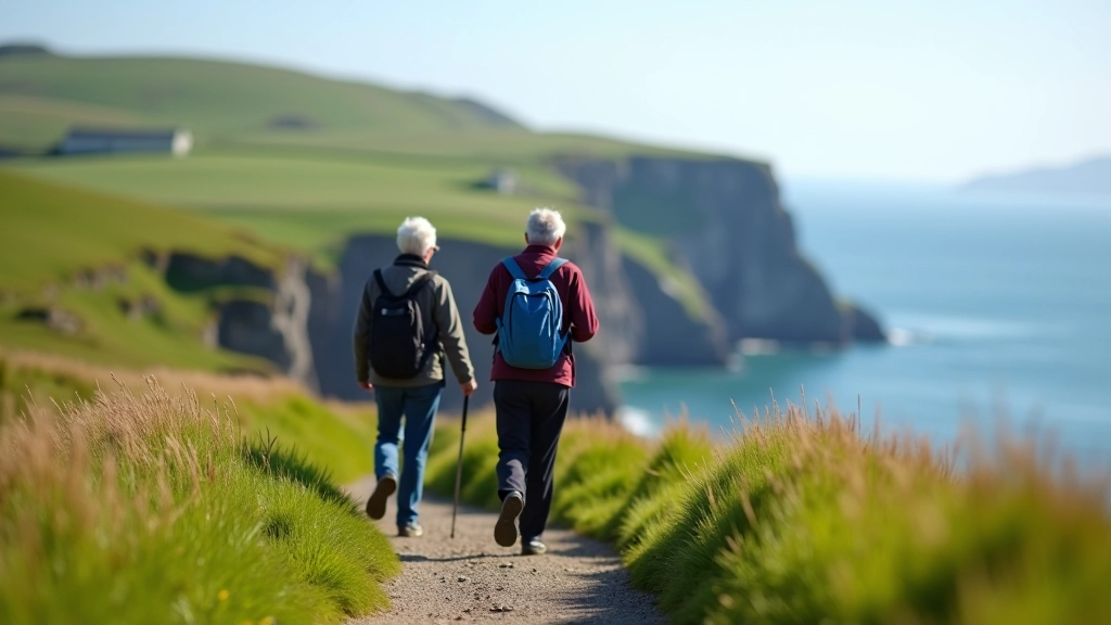 Mature walkers enjoying a coastal path with ocean views and green hillside landscape