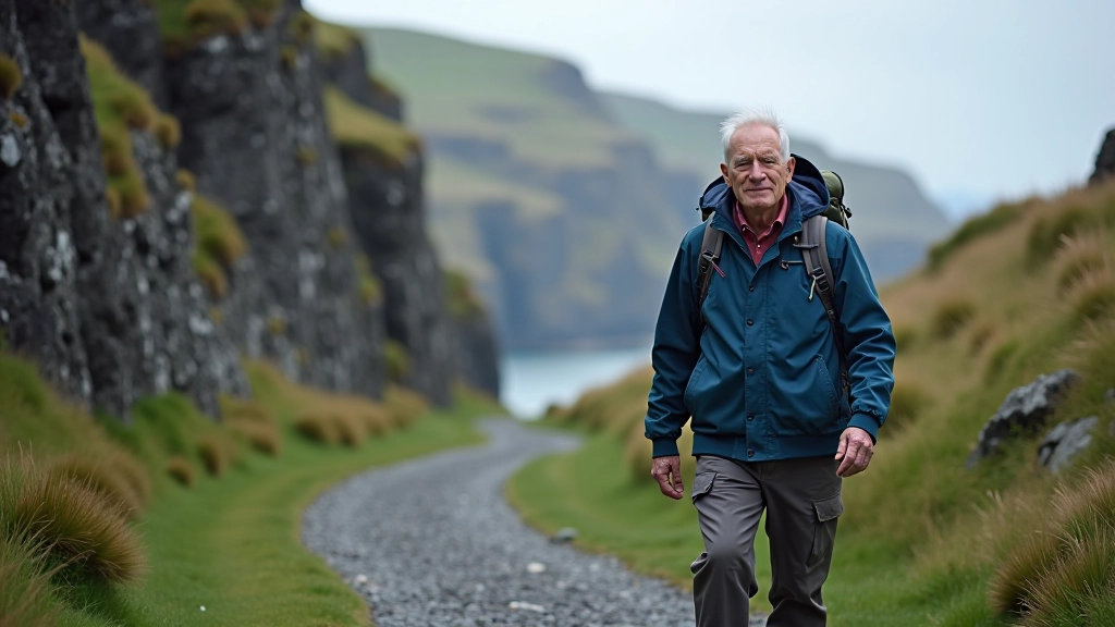 Walker standing on slate quarry path with dramatic gray rock walls and layered formations on either side