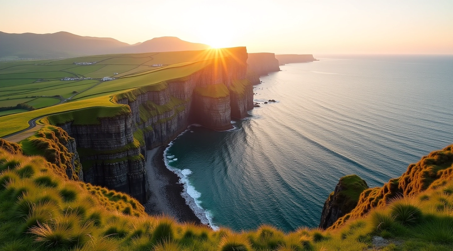 Dramatic coastal landscape with rolling hills meeting the Atlantic Ocean, golden hour lighting, scenic viewpoint