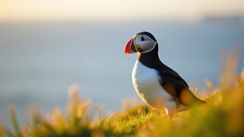 A lone puffin in profile standing on a grassy cliff edge at golden hour, with the Atlantic Ocean glowing in the background