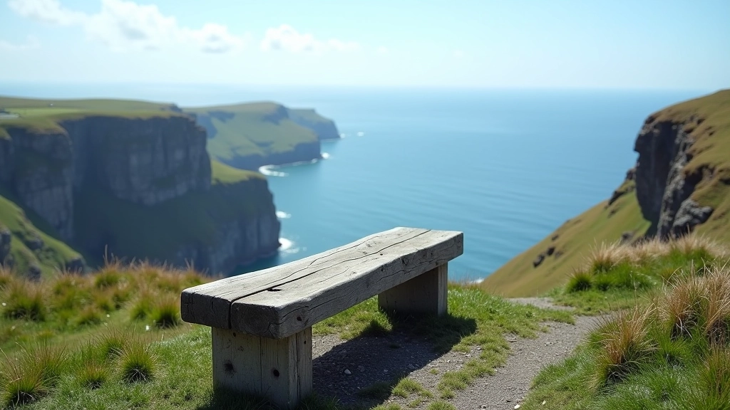 Coastal rest bench overlooking sea cliffs and ocean, perfect for breaks during walks